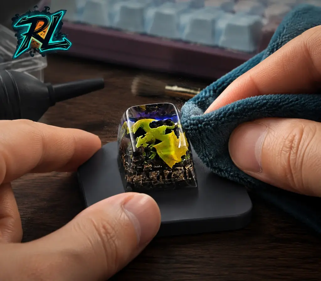 Custom Artisan Keycaps: Complete Guide For Keyboard Fans 5 A soft microfiber cloth removes dust from a resin keycap while preserving its polished surface.