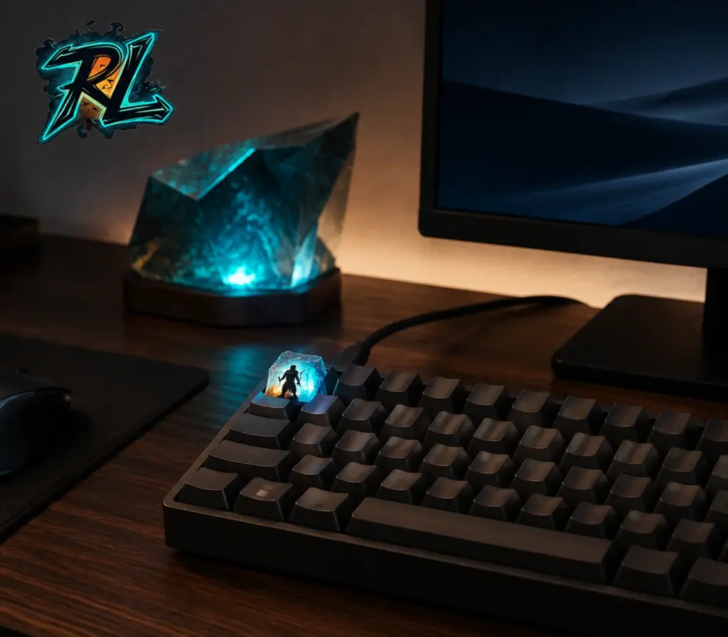 Gaming Setup Decor Ideas to Light Up Your Battlestation 1 A softly lit Gaming desk corner, combining ambient resin lighting with a single glowing character keycap.