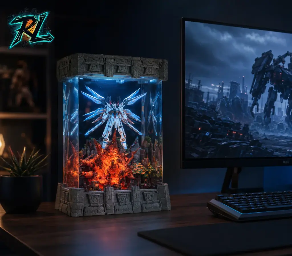 Gaming Setup Decor Ideas to Light Up Your Battlestation 2 The Gundam Strike Freedom Resin Lamp glows quietly beside a monitor, adding depth to a Gaming desk after dark.