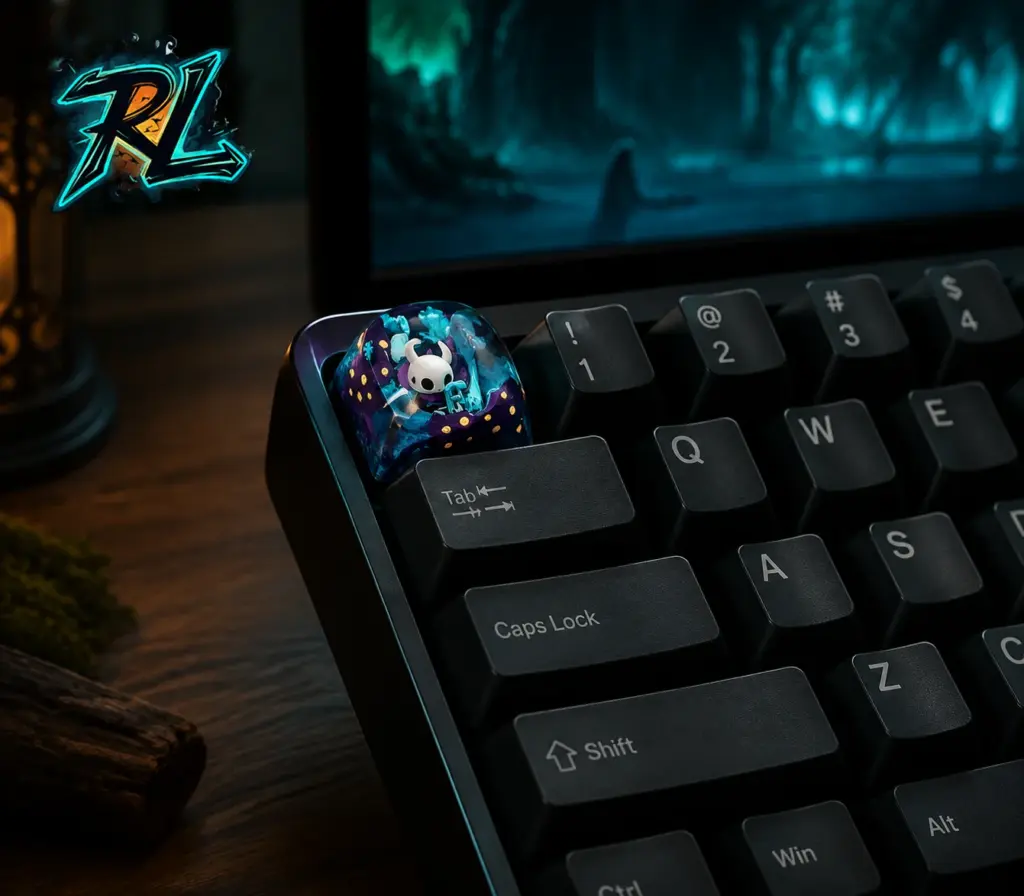 Gaming Setup Decor Ideas to Light Up Your Battlestation 3 The Hollow Knight Series Keycap sits on the Escape key, a small hand-painted scene that fans of the game recognize instantly.