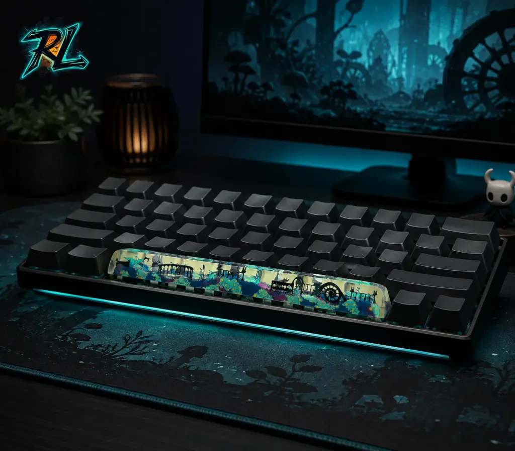 Gaming Setup Decor Ideas to Light Up Your Battlestation 4 The Hollow Knight Space Keycap stretches across the spacebar, tying the whole Gaming desk together into one cohesive scene.