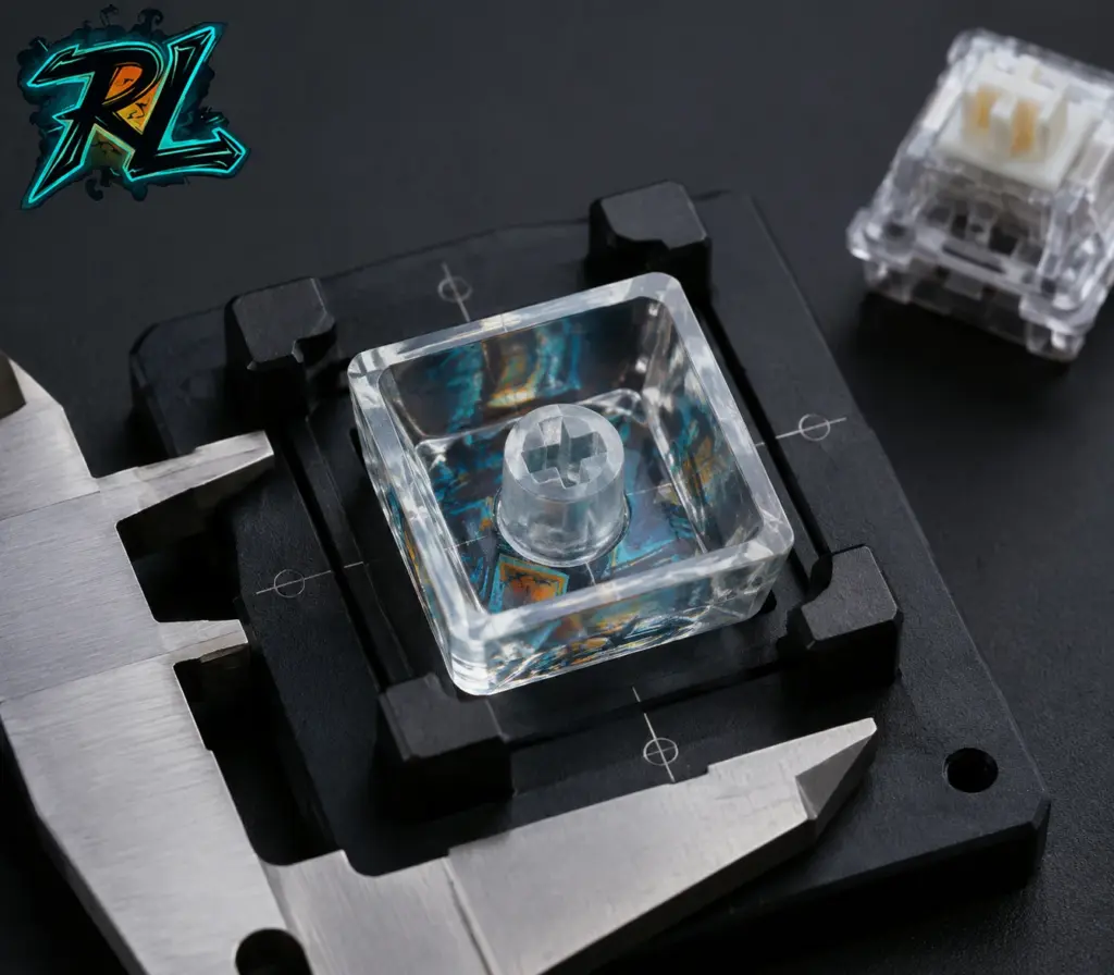 Gundam Artisan Keycaps: Complete Guide For All Mecha Fans 4 An underside view confirms a centered MX cross stem, clean resin edges, and reliable 1u geometry.