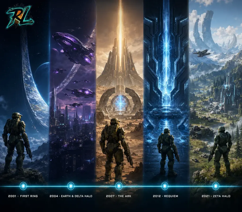 HALO: Complete Guide to Games, Keycaps and Resin Artwork 2 A timeline of landmark campaigns moves from the first ring discovery to modern open-world combat.