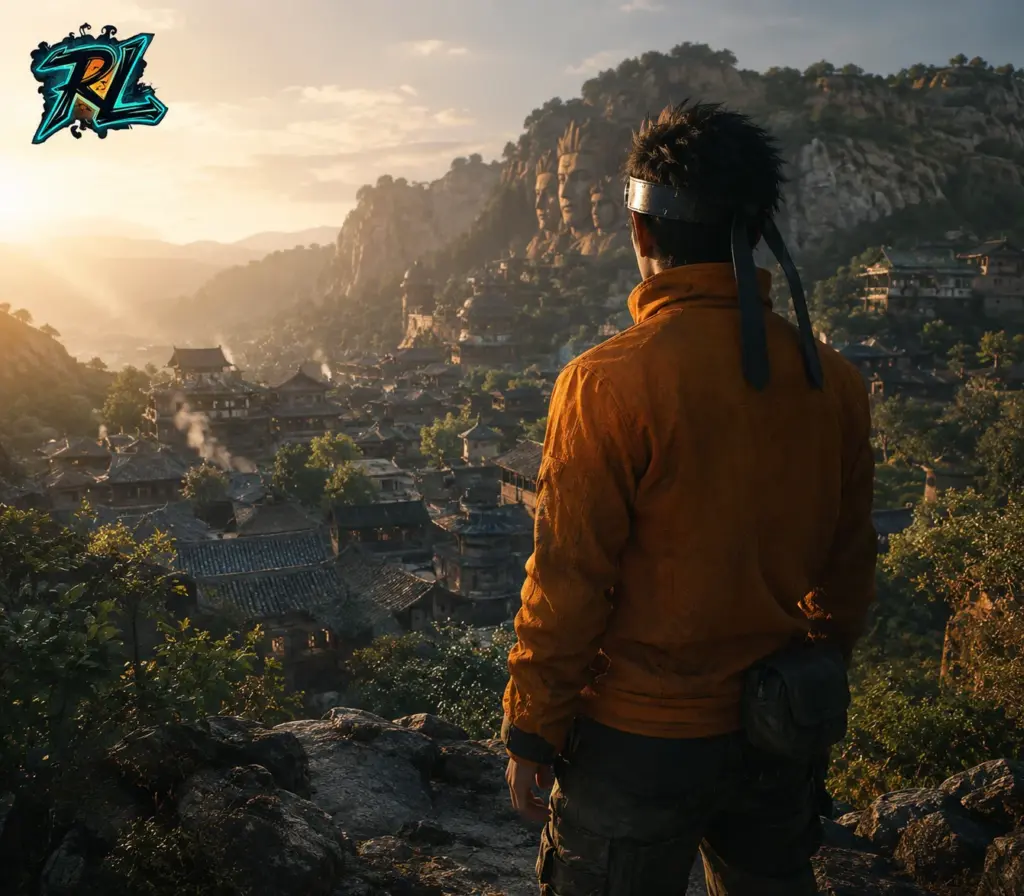 Naruto: Complete Guide to Characters, Jutsu and Resin Art 1 A young shinobi overlooks the Hidden Leaf Village as warm sunset light catches his orange jacket and headband.