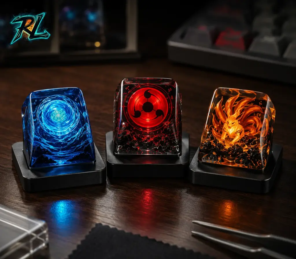 Naruto: Complete Guide to Characters, Jutsu and Resin Art 3 Blue Rasengan light, red Sharingan symbols, and orange tailed-beast chakra form three contrasting collectible themes.