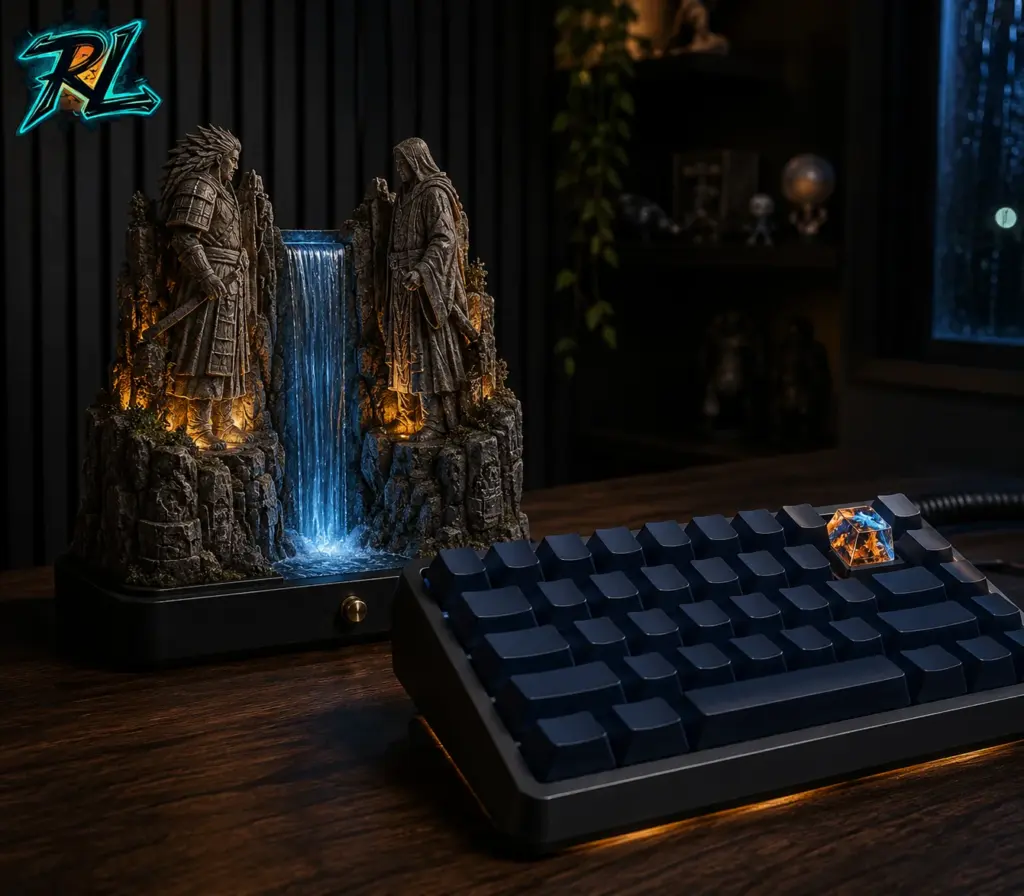 Naruto: Complete Guide to Characters, Jutsu and Resin Art 4 A Valley of the End lamp glows beside a mechanical keyboard accented with one orange-and-blue artisan keycap.