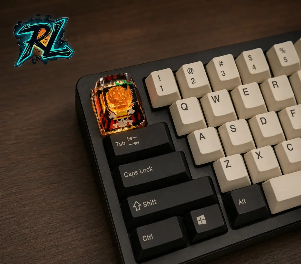 One Piece keycaps Dwarf Factory: A Complete Buyer Guide 4 A colorful Devil Fruit artisan keycap glows as a symbolic accent among restrained black and cream keyboard keys.