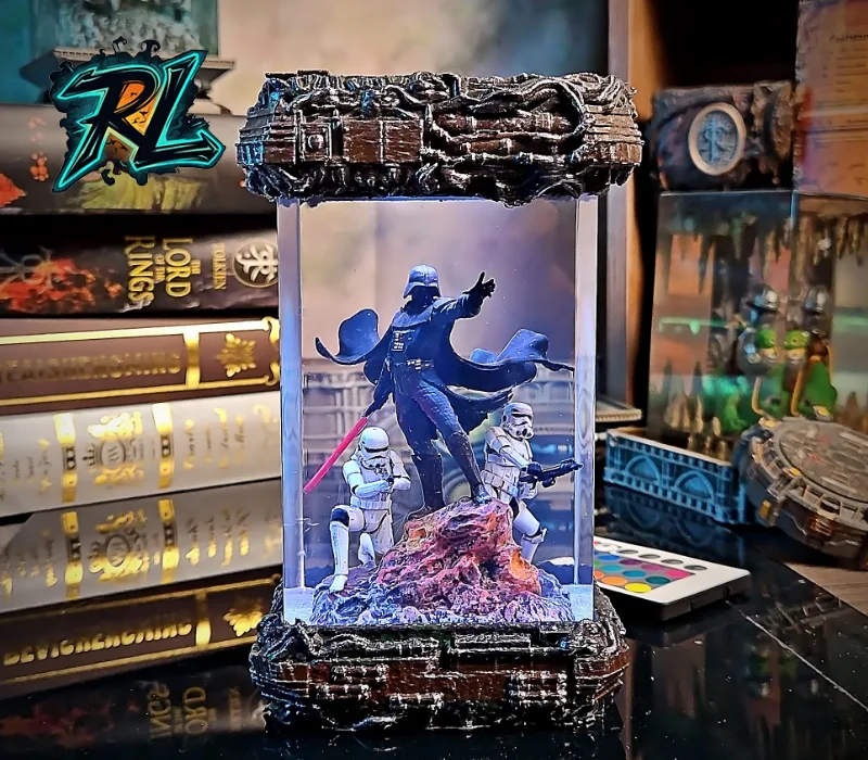 Star Wars Epoxy Lamp Guide: Light Up Your Galaxy At Home 2 The Vader Childhood Resin Lamp captures Darth Vader and Stormtroopers on a volcanic battlefield, glowing crimson in a dark, industrial-style room