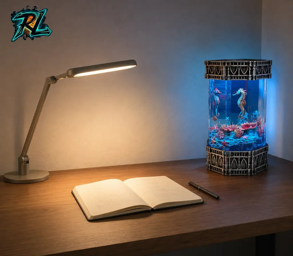 Table Lamp for Study: Better Lighting For Focused Learning 4 An octagonal ocean resin lamp adds a tranquil blue accent beside a neutral task light without crowding the desk