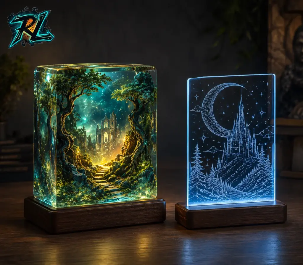 Epoxy Resin Lamp vs Acrylic Lamp: Which One Is Better Today? 1 Epoxy resin lamp vs acrylic lamp: A cast resin diorama and a laser-engraved acrylic panel demonstrate two different approaches to decorative LED lighting.
