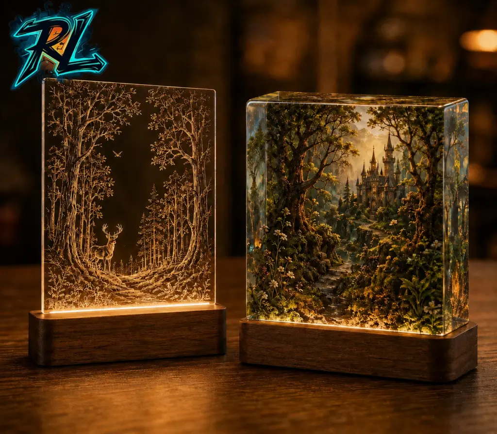 Epoxy Resin Lamp vs Acrylic Lamp: Which One Is Better Today? 2 Epoxy resin lamp vs acrylic lamp: A lightweight acrylic panel fits into an LED base, while a solid resin block securely preserves a layered miniature scene.
