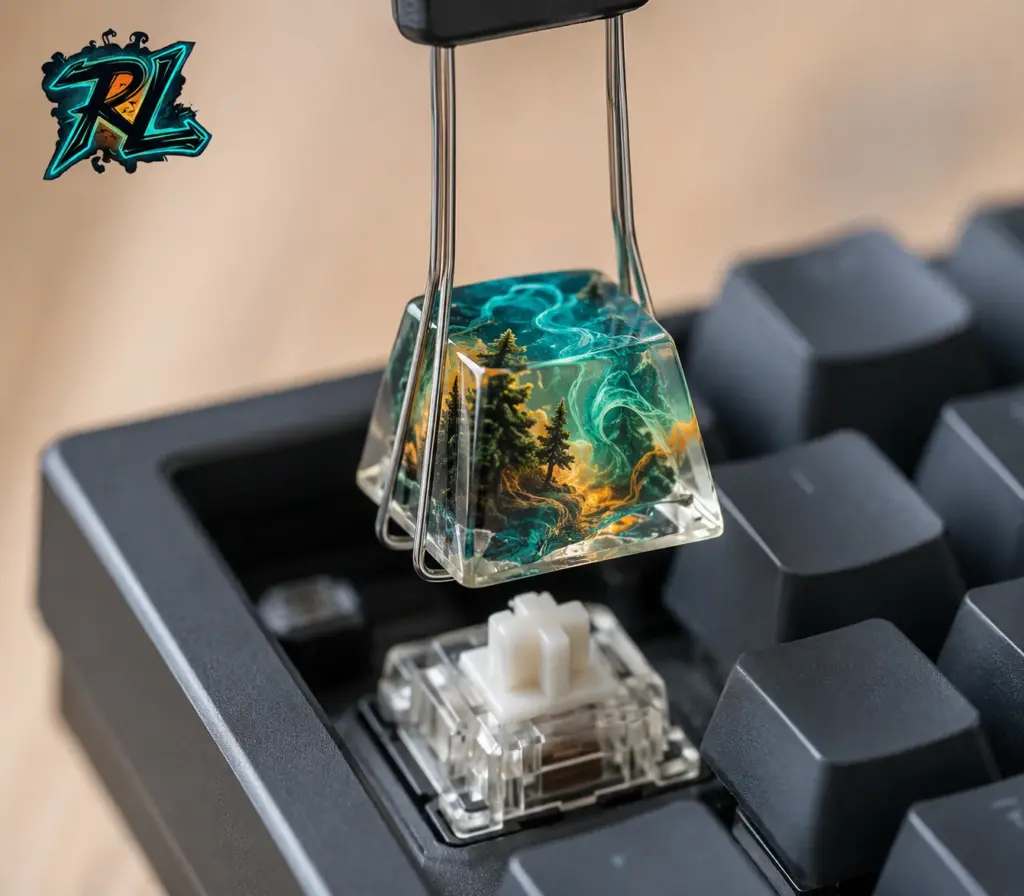 How to Clean Resin Keycaps Safely and Preserve Shine 2 How to clean resin keycaps: A wire keycap puller lifts the artisan piece vertically, protecting both its resin stem and keyboard switch.