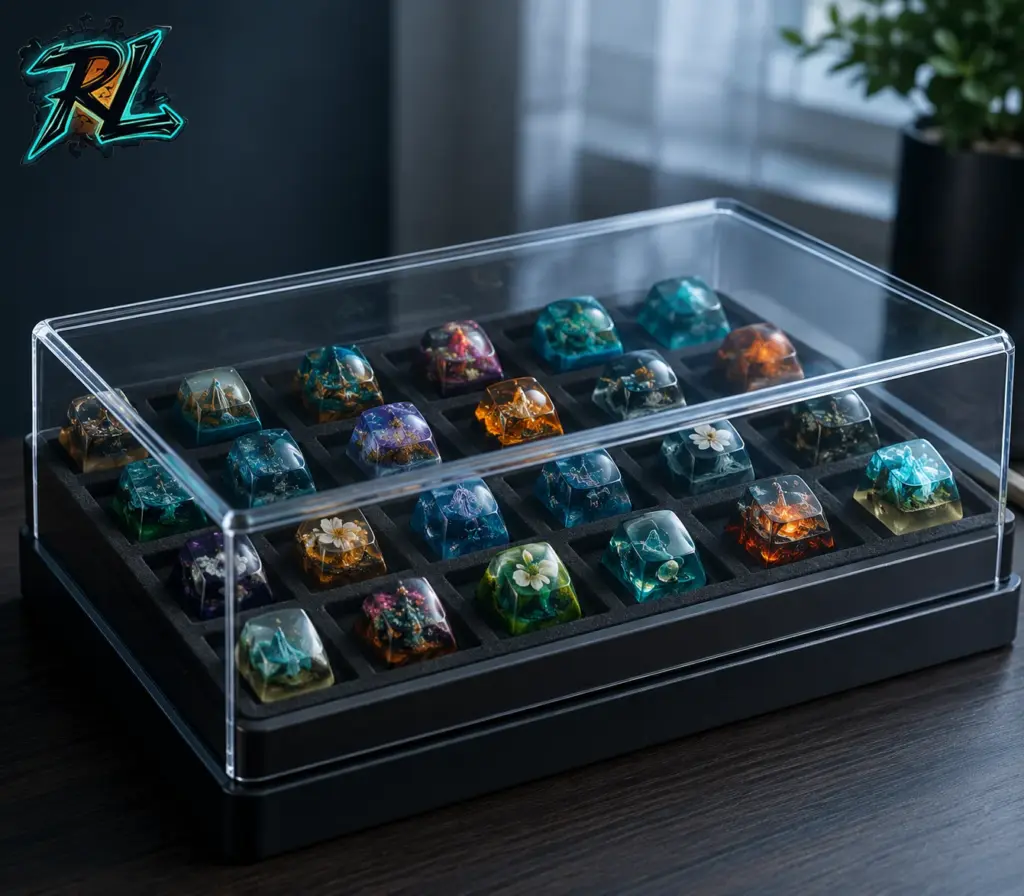 How to Clean Resin Keycaps Safely and Preserve Shine 4 How to clean resin keycaps: A covered display case shields colorful artisan keycaps from dust, impacts, heat, and prolonged ultraviolet exposure.